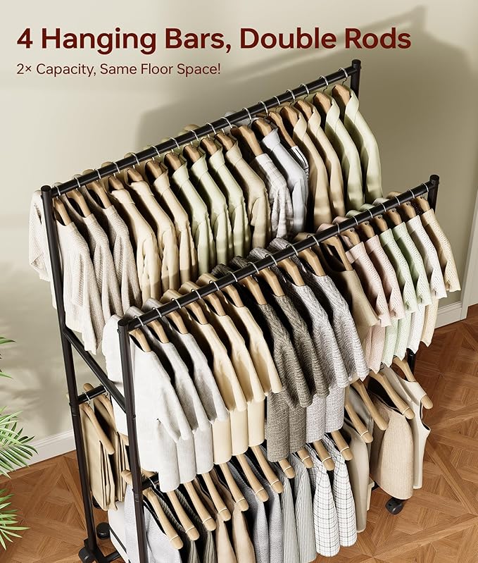 Clothes Rack - 36.2" x 21.3" x 72", 4-Bar Double Rod Rolling Metal Clothing Rack for Hanging Clothes, Portable Garment Rack with Wheels for Bedroom Laundry, Closet Wardrobe, Black