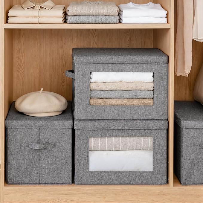 2-Pack Collapsible Storage Bins with Lids, Linen Fabric Foldable Storage Boxes, Cube Closet Organization for Clothes, Blankets, Books, Gray