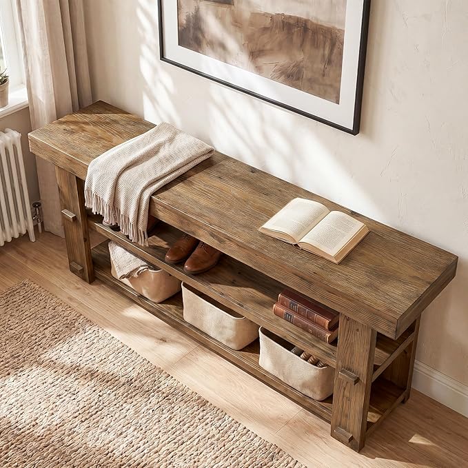 Solid Wood Entryway Bench, 55'' End of Bed Bench with 2-Tier Shoe Storage Shelves, Farmhouse Shoe Bench for Entryway, Hallway, Bedroom, Mudroom, Rustic Brown