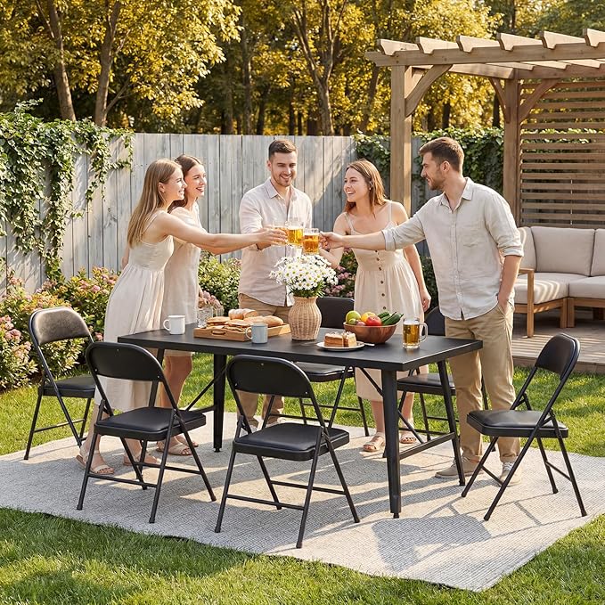 10 Pack Padded Folding Chairs, Portable Metal Foldable Chairs with Cushion, PU Leather Sturdy Indoor Outdoor Seating for Home, Office, Party, Black