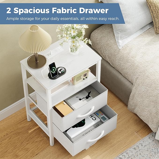 DUMOS Nightstand Set of 2 with Built in Charging Station USB Ports and Outlets Adjustable Fabric Drawer Storage Bedside Table with Open Shelf for Bedroom,White