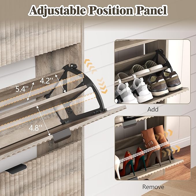 HUANLEGO Shoe Cabinet Storage for Entryway with 2 Flip Drawers, Fluted Narrow Shoe Organizer with Wooden Legs, Freestanding Slim Shoe Storage Hidden Shoe Rack Organizer for Front Door Entrance, Grey