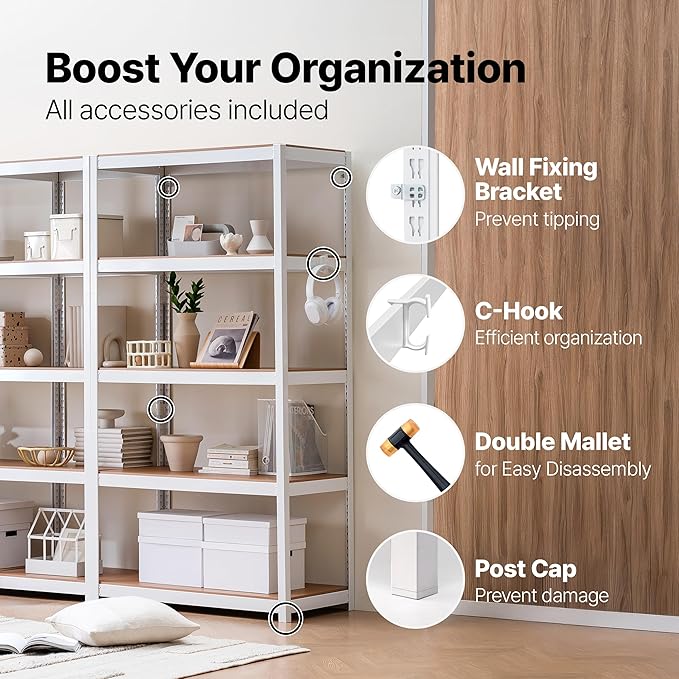 HOMEDANT House 48.1" W Deep 5 Tier Heavy Duty Garage Shelving Adjustable Metal Rack Storage Shelves Standing Shelf Unit Organizers Industrial Warehouse Basement White 1Pack