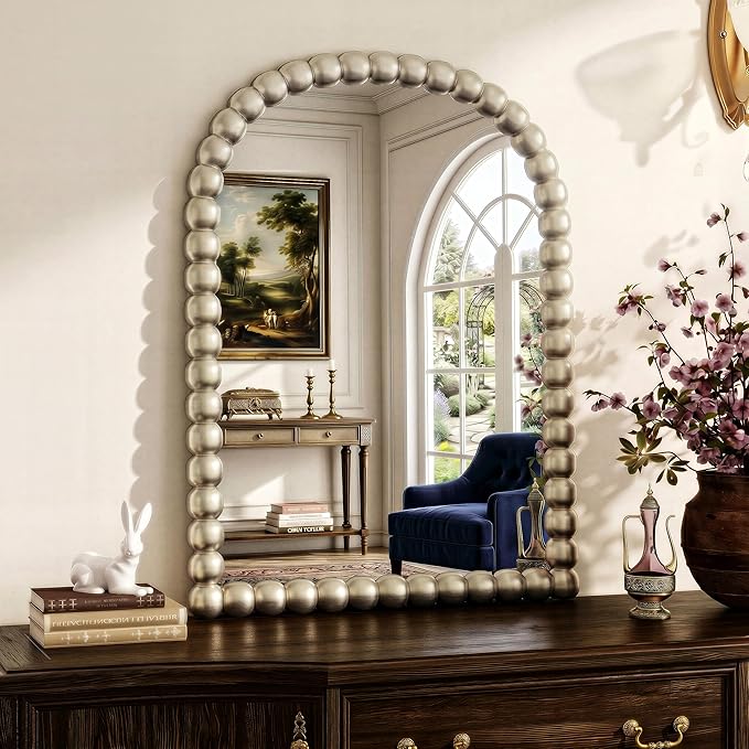 24"×36" Silver Arched Bathroom Vanity Mirror, Vintage Beaded Decorative Wall Mounted Makeup Mirror, as Wall Decor Hanging Leaning for Fireplace Mantle, Living Room, Bedroom, Vanity Area