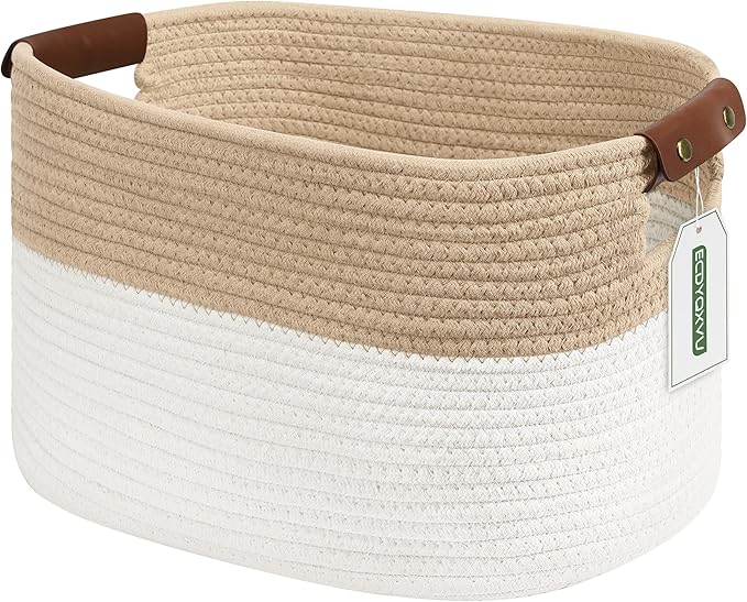 ECDYQXVU Cotton Rope Basket, Storage Baskets with Handle, 15x10x9 Inch Woven Basket for Shelves, Laundry, Towels, Clothes, Books (White/Beige 1Pack)