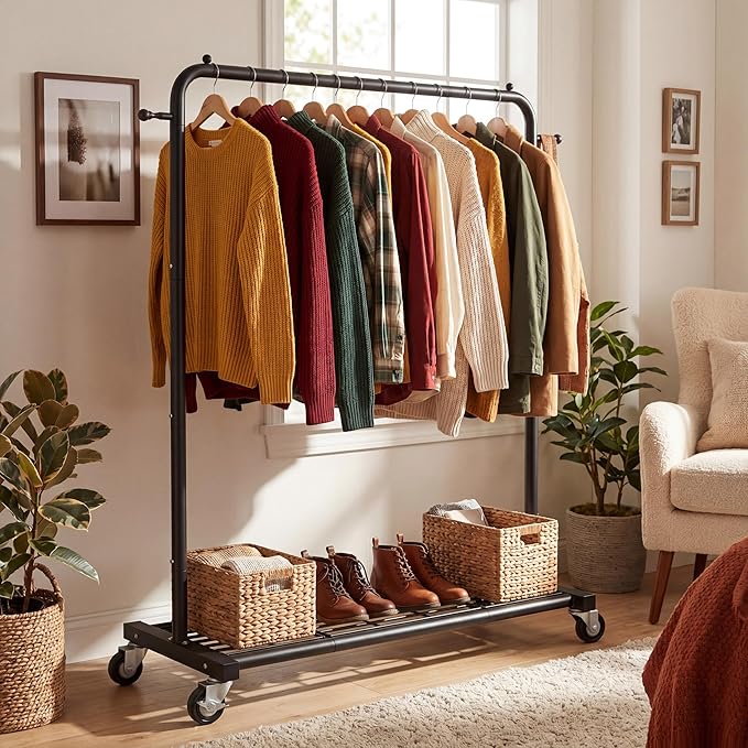 Sywhitta Clothing Rack on Wheels with Mesh Storage Shelf & Sturdy Metal Frame, Rolling Garment Rack for Hanging Clothes, Coats, Skirts, 39.76" L x 16" W x 64.56" H,Black