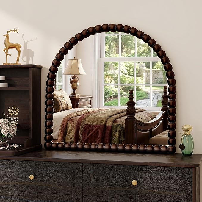 31"×32" Bronze Arched Bathroom Vanity Mirror, Vintage Beaded Decorative Wall Mounted Makeup Mirror, as Wall Decor Hanging Leaning for Fireplace Mantle, Living Room, Bedroom, Vanity Area