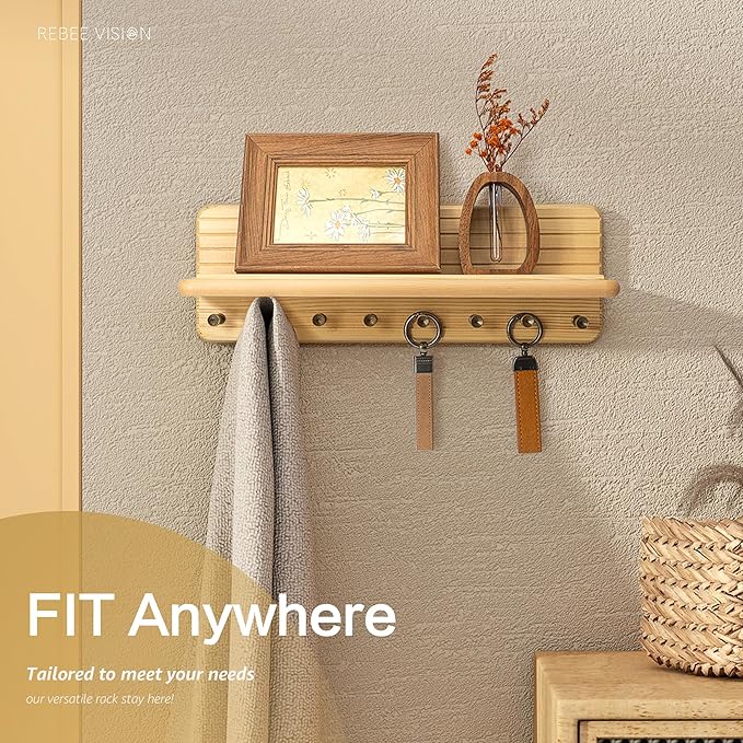Farmhouse Key Holder Wall Mount for Office Decor – Rustic Key Hanger with 8 Sturdy Hooks & Floating Shelf for Small Plant or Mail Storage – Wall Organizer for Entryway, Living Room (Natural Wood)