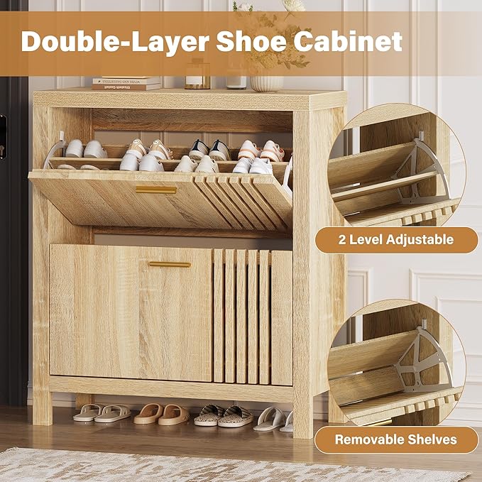 knoworld Shoe Storage Cabinet for Entryway with 2 Flip Drawers, 31.5" Narrow Fluted Shoe Organizer Cabinet, Slim Wooden Shoe Cabinet, Freestanding Hidden Shoe Cabinet for Entrance, Hallway (Natural)