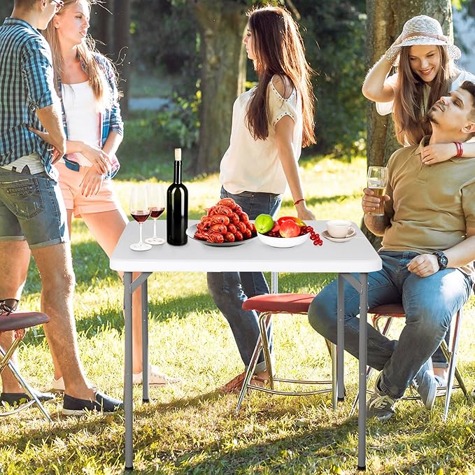 ZENY 34inch Fold in Half Square Table, Portable Plastic Dining Card Table for Kitchen or Outdoor Party Wedding Event, Bi-Folding Picnic Camp Dining Table, White