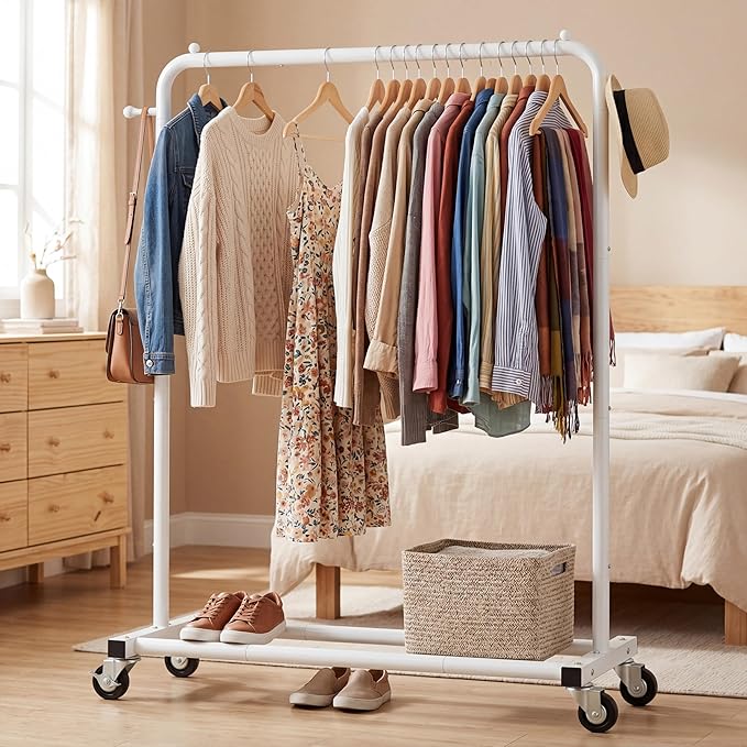 Sywhitta Clothing Rack on Wheels with Storage Shelf & Sturdy Metal Frame, Retail Clothing Rack for Hanging Clothes, Coats, Skirts,Space-Saving Mobile Organizer for Closet, Bedroom, Laundry Room, White
