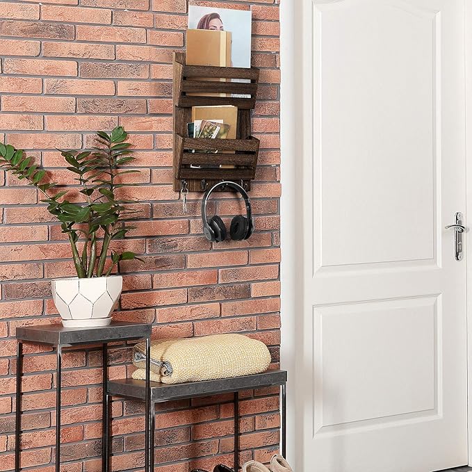 BTY Mail Holder for Wall, Wooden Mail Sorter with 4 Key Hooks, 2 Slot Wall Mounted Mail Sorter Letter Bills Newspaper Magazine Organizer for Entryroom Hallway Office Garage, Rustic Brown