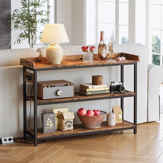 IRONCK Console Table, Sofa Table with Power Outlet, Farmhouse Hallway Table for Entryway, Living Room, Height Adjustable, Easy Assembly, Rustic Brown, 43"