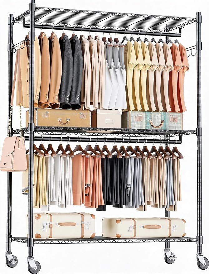 IDEALHOUSE Homdox Heavy Duty Rolling Clothing Rack, Adjustable Garment Rack with 3-Tier Storage Shelves, Freestanding Closet Organizer for Hanging Clothes, Metal Wardrobe Rack with Side Hooks, Black
