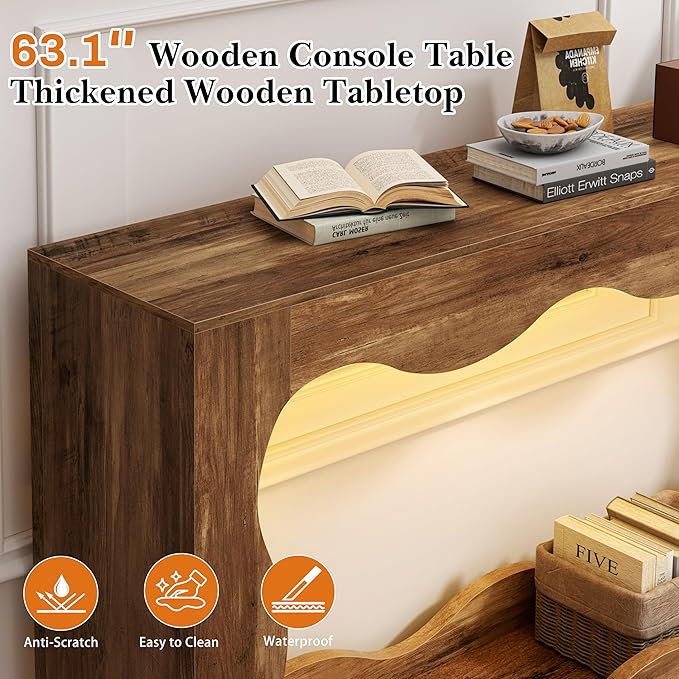 Vongrasig 63-Inch Farmhouse Entryway Table with Light Strips, Scalloped Console Table with Built-in Storage, Narrow Long Behind Couch, Wooden Curvilinear Sofa Table for Entrance, Hallway, Brown