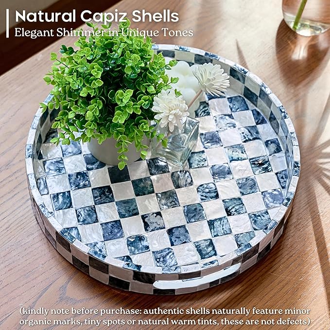 CHI AN HOME 12.6" Round Decorative Tray with Handles, Checkered Capiz Mother of Pearl Serving Tray for Coffee Table, Kitchen Counter, or Bathroom (Navy Blue)