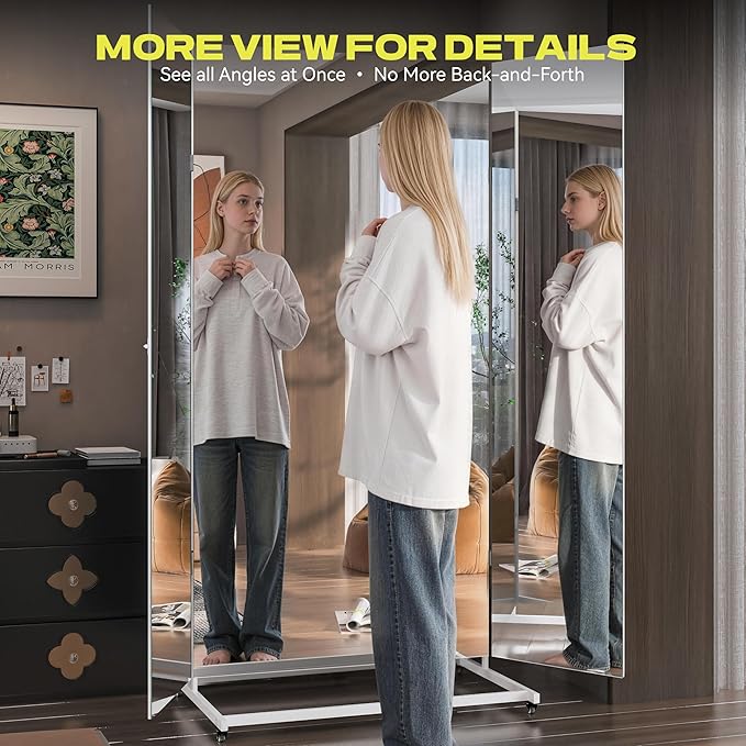 Hasipu Large Full Length Rolling Mirror - 71"×71" Tri-Fold Full Body and Tempered Glass Movable Home Gym Mirror on Wheels with Stand for Gym, Dance Studio, Fitness Room, and Home