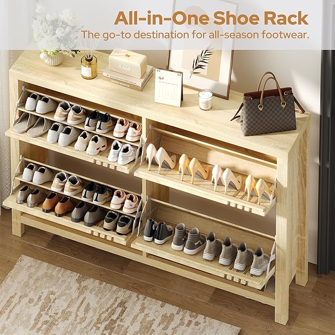 knoworld Shoe Storage Cabinet for Entryway with 4 Flip Drawers, 47.24" Narrow Fluted Shoe Organizer Cabinet, Slim Wooden Shoe Cabinet, Freestanding Hidden Shoe Cabinet for Entrance, Hallway (Natural)