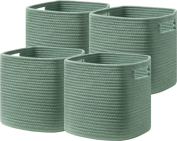 UBBCARE Set of 4 Storage Basket-11 X 10.5 X 10.5 In, Cotton Rope Basket for Shelves, Toys, Book, Cube Storage Bins with Handles, Woven Storage Basket for Organizing, Green