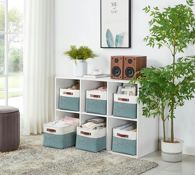 DECOMOMO Storage Bins, Large Fabric Storage Baskets for Shelves, Decorative Linen Closet Organizer, 15 x 11 x 9.5 inches (Green & White, 3 Pack)