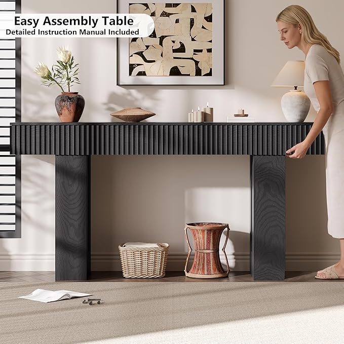 60-Inch Long Entryway Table with Built-in Power Outlet and App & Button-Controlled RGB Light, Thick Wood Farmhouse Console Table for Behind Sofa, Narrow Hallway, Living Room, Foyer, Entrance, Black