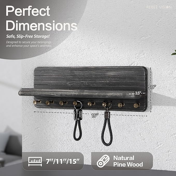 Rebee Vision Pine Wood Key Holder Wall Mount – Wooden Key Holder for Wall with Floating Shelf – Rustic Farmhouse Home Decor for Entryway, Living Room, Bedroom & Office (Old Black)