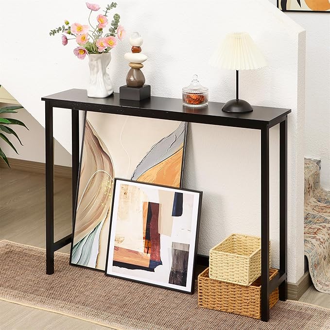 Bamboo Narrow Console Table, 39.4"(L) Wood Small Entryway Table, Accent Slim Hallway Tables, Thin Sofa Side Tables for Hallway, Living Room, Bedroom, Foyer, Black