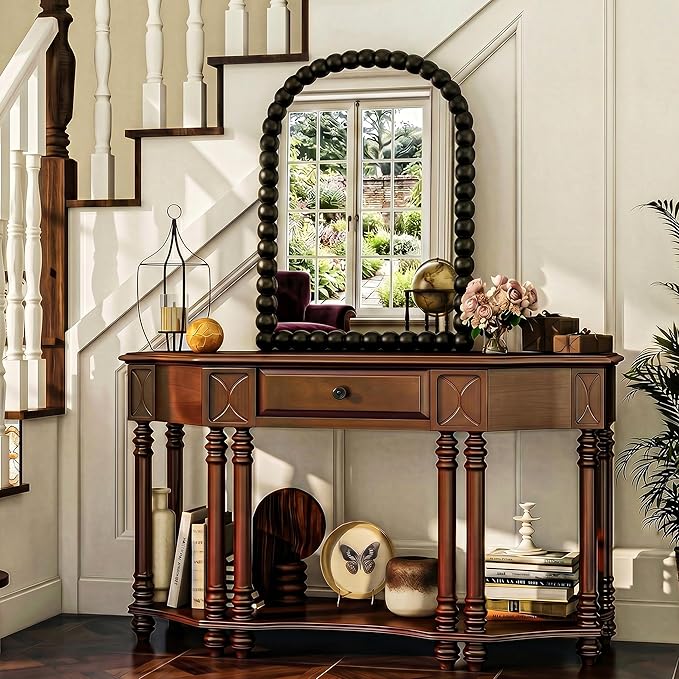 22"×30" Black Arched Bathroom Vanity Mirror, Vintage Beaded Decorative Wall Mounted Makeup Mirror, as Wall Decor Hanging Leaning for Fireplace Mantle, Living Room, Bedroom, Vanity Area