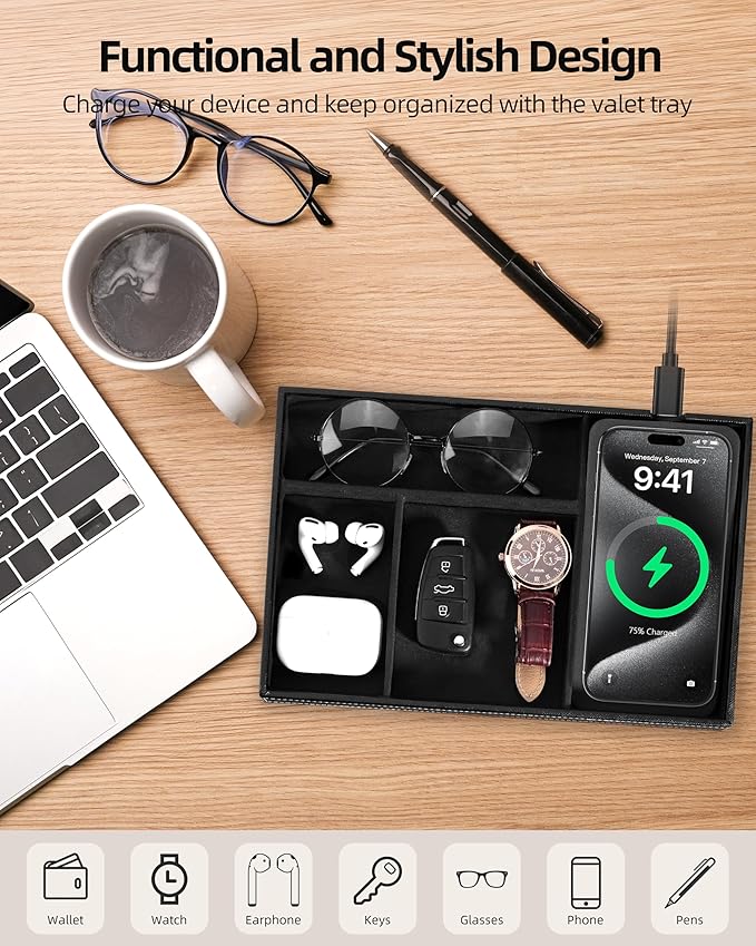 Valet Tray with Wireless Charger, Nightstand Organizer for Men, EDC Catchall Tray for Keys, Watch, Wallet, Jewellery, Premium Vegan Leather, Bedside Caddy, Stylish and Organized, Black