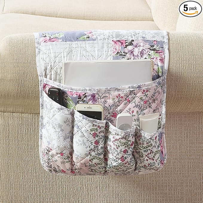 Brilliant Sunshine Rose Toile Couch Sofa Armrest 5 Pockets Organizer, Slip Resistant Recliner Armchair Caddy, Washable Remote Controls Holder, Storage for Magazine, Tablet, iPad, 35×13", Blue Pink
