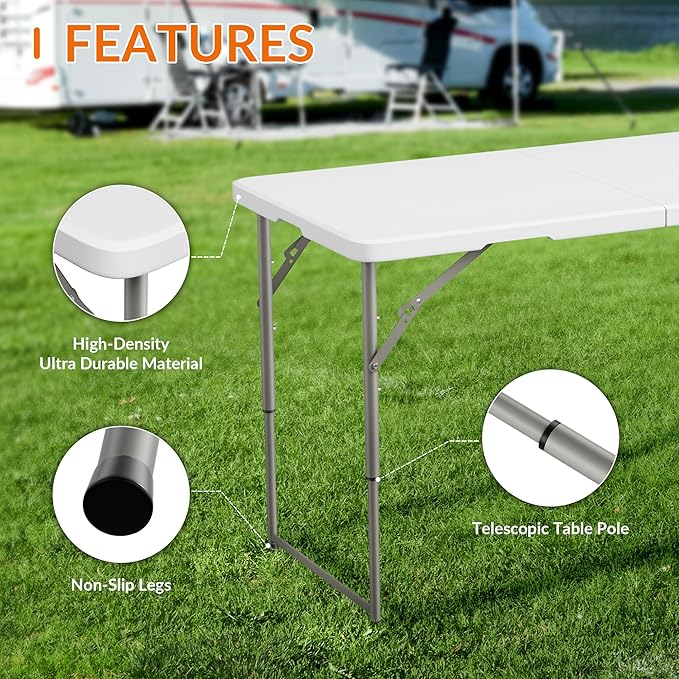 Elevon Folding Table Set with 4 White Folding Chairs,4 Feet Heavy Duty Fold-in-Half Utility Table Sets for Picnic, Event, Training, Outdoor Activities, at Home and Commercial Use