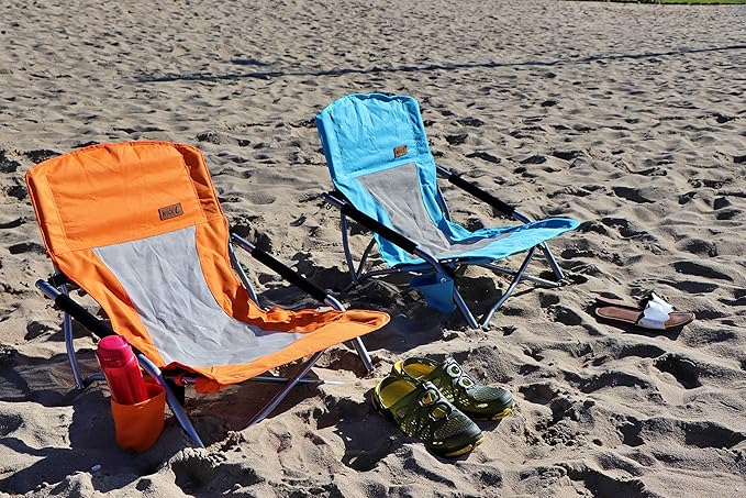 Nice C Low Beach Chair, Beach Chairs for Adults 2 Pack, Sling, Folding, Portable, Concert, Kids, Boat, River, Sand Chair, Sillas De Playa, with Cup Holder & Carry Bag (Set of 2 Orange)