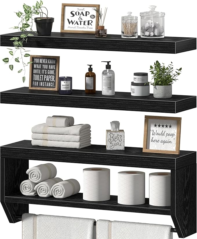 QEEIG Bathroom Floating Shelves for Wall - Shelf Over Toilet Paper Storage Farmhouse 24 inch Set of 3, Black (028-60B3)