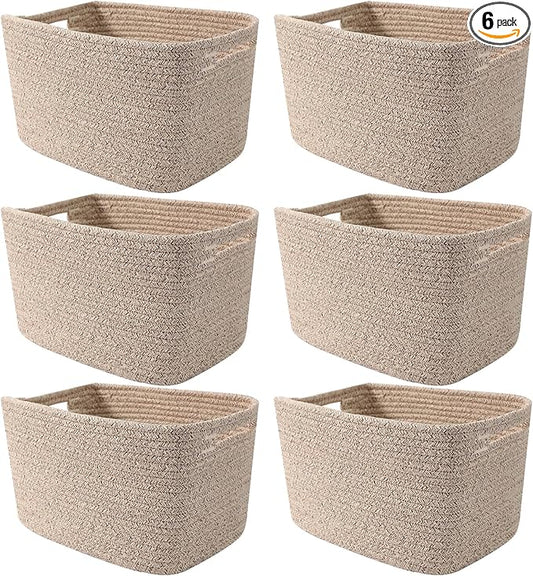 6 Pack Woven Rope Baskets,12.6"×9"×7.8" Storage Bins for Toys/Books/Towels/Clothes Organizer & Shelf Boxes,Gifts Baskets Empty for Nursery/Living Room/Nursery/Bedroom/Home Decor,Brown