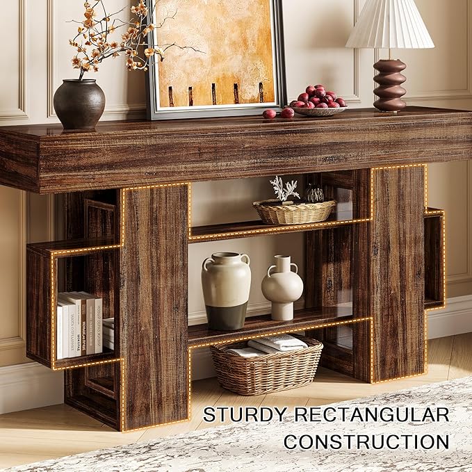 Einhomn 63 Inches Entryway Table, Wooden Console Table with Storage, Narrow Sofa Table Behind Couch, Farmhouse Long Entry Hallway Tables for Entrance, Foyer, Living Room, Rustic Brown