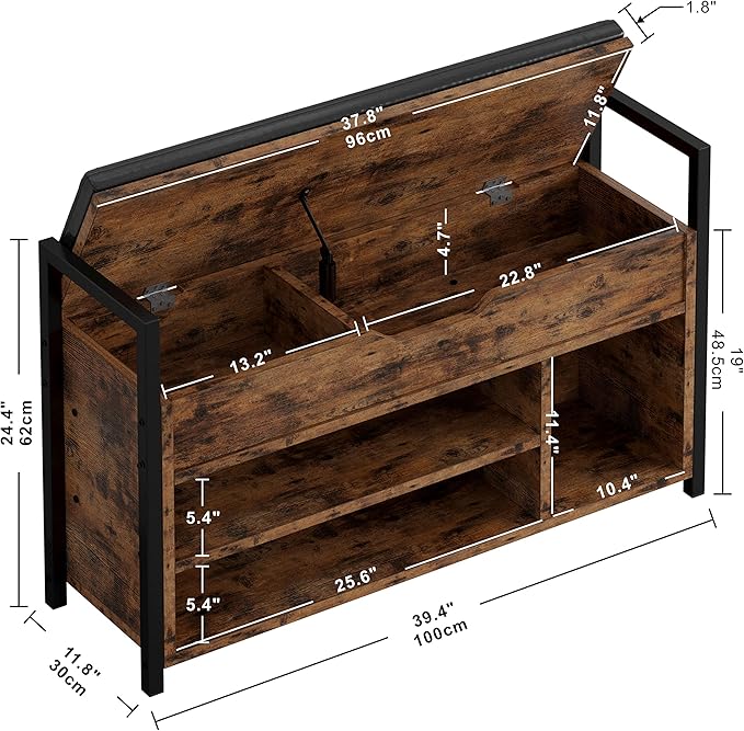 IRONCK Shoe Storage Bench, Entryway Bench with Lift Top Storage Box, Metal and Board Bench for Entryway, Two Tier Shoe Rack Organizer for Entryway, Hallway, Industrial, Vintage Brown