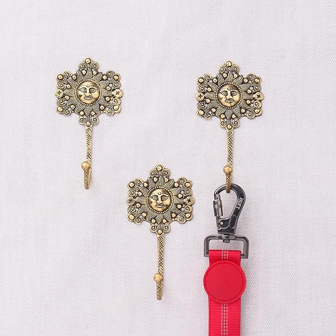 Indian Shelf 33Lb. 3 Pieces Decorative Gold Sunflower Hooks Brass Wall Key Holder Vintage Golden Home Decor Sun Wall Coat Hook