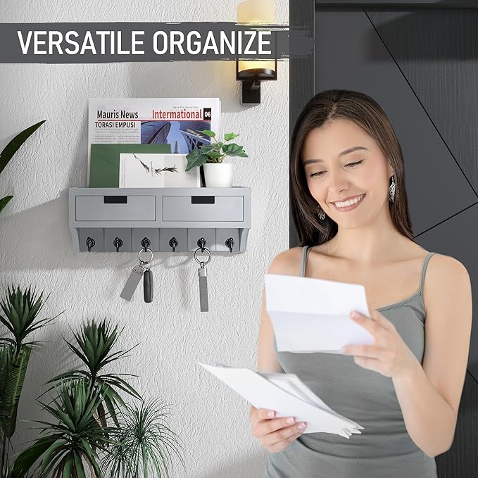 Rebee Vision Key Holder Wall Mount with 2 Drawer Organizer : Mail Organizer for Wall with 6 Key Hooks & Shelf - Stylish Apartment Essentials for Aesthetic Room Decor (Light Gray)