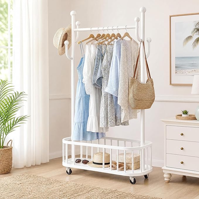 IDEALHOUSE Metal Clothing Rack with Wheels, Rolling Garment Rack with Hanging Rod, Storage Basket Shelf and 4 Hooks, Portable Standing Clothes Rack for Bedroom, Closet, Living Room, Entryway,White