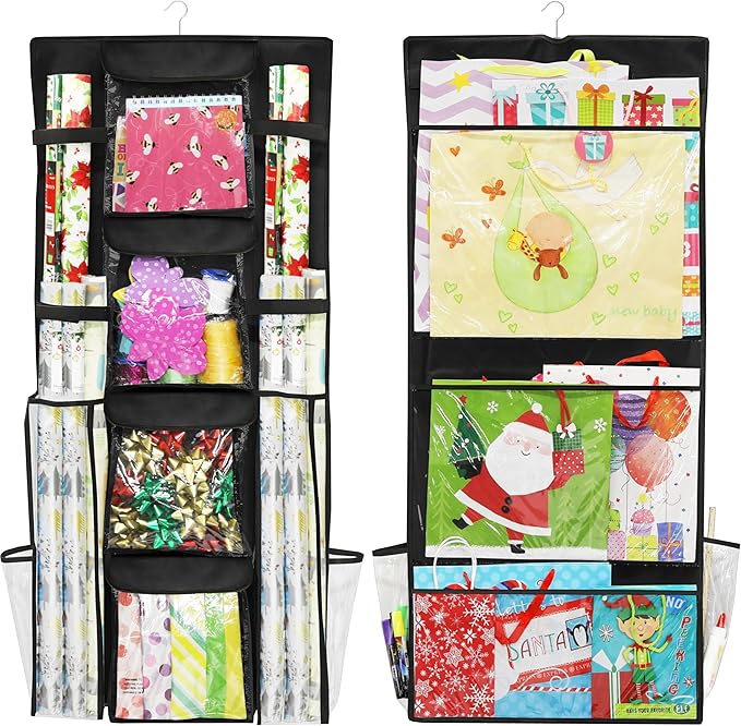 Simple Houseware Double-Sided Hanging Gift Wrap Organizer Storage Pockets, Black (Set of 1)