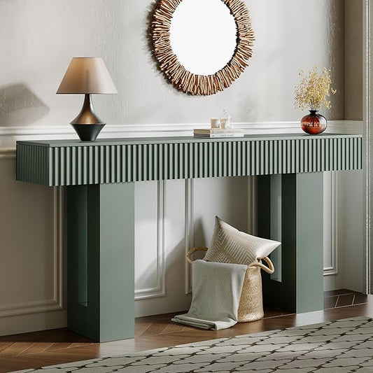 63-Inch Long Entryway Console Table with a Fluted Design, Thick Wood Farmhouse Sofa Table Behind Couch, Narrow Hallway Accent Table for Living Room, Foyer, Entrance,Green