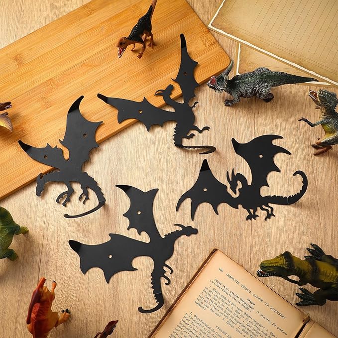 4 Pcs Dragon Wall Hooks Metal Dragon Key Holder Coat Rack Decorative Hanger Matte Black Fantasy Decor for Shelves, Keys, DIY Wall Organizers, 4 Flying Designs (Classic Style)