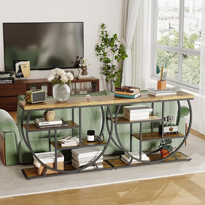 Garvee Entryway Table with Storage, Industrial 4-Tier Narrow Console Table Behind Couch with Half-Circle Base & Storage Shelves for Living Room, Hallway, Foyer