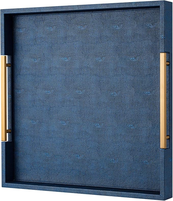 Navy Blue Faux Leather Large Square Decorative Serving Tray with Handles – for Coffee Table, Ottoman, Living Room, Bathroom & Home Decor