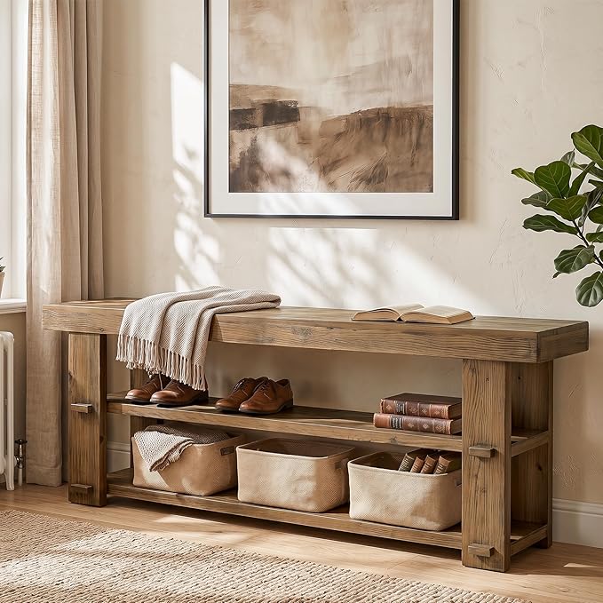 Solid Wood Entryway Bench, 55'' End of Bed Bench with 2-Tier Shoe Storage Shelves, Farmhouse Shoe Bench for Entryway, Hallway, Bedroom, Mudroom, Rustic Brown