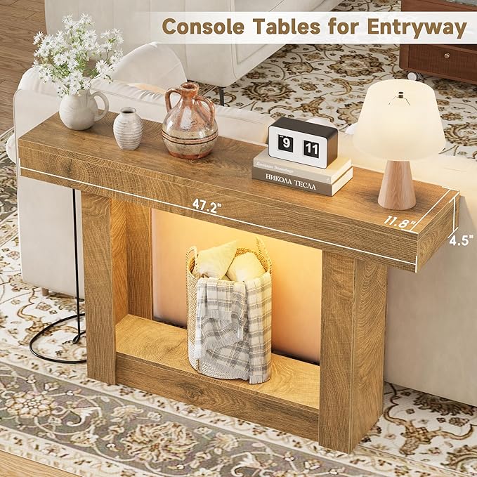 LIFECHOVY 47.2" Farmhouse Wood Entryway Table with Outlet, 2-Tier Console Table with Sensor Light Behind the Couch Sofa, Entrance Side Table for Hallway/Living Room/Foyer, Natural Oak