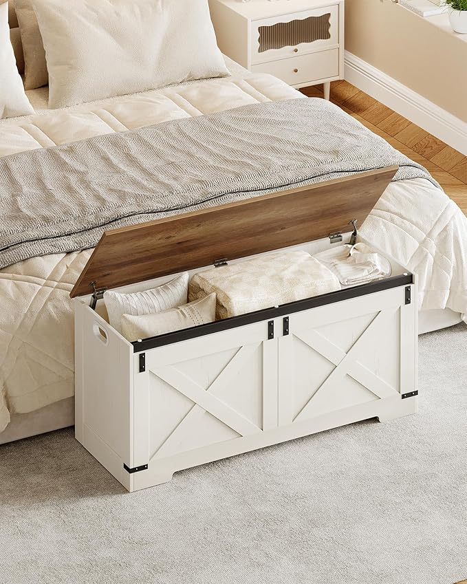 Hzuaneri 42.9" Storage Chest, Large Storage Trunk with 2 Hinges, Farmhouse Wooden Box Bench, Lift-Top Organizer Chest, Entryway Trunk for Bedroom, Living Room, White and Brown SB10914X
