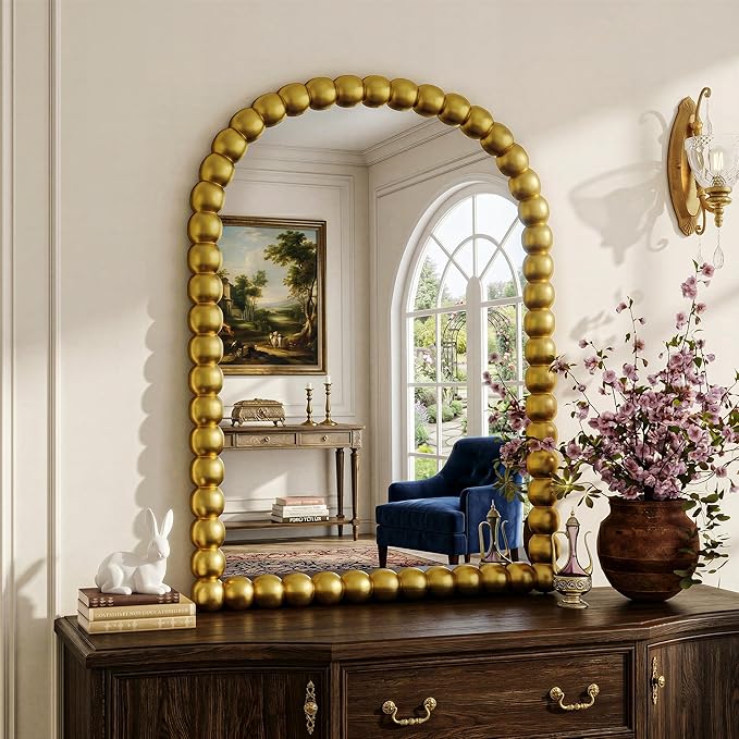 30"×38" Gold Arched Bathroom Vanity Mirror, Vintage Beaded Decorative Wall Mounted Makeup Mirror, as Wall Decor Hanging Leaning for Fireplace Mantle, Living Room, Bedroom, Vanity Area