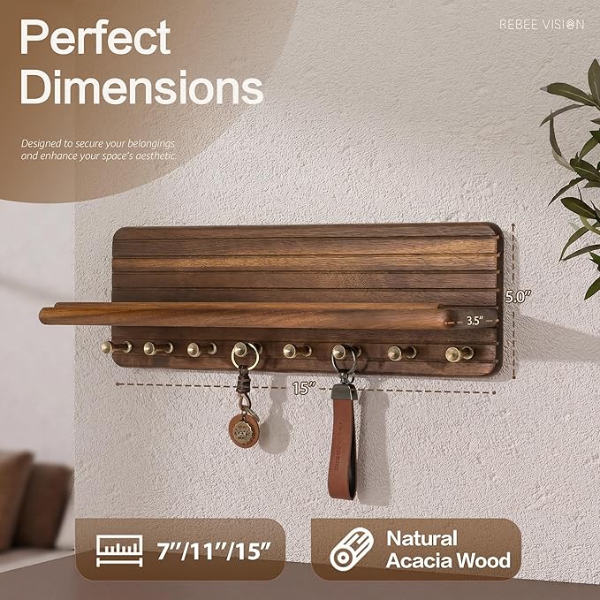 Rebee Vision Acacia Wood Key Holder Wall Mount for Home Decor – Farmhouse Key Holder for Wall with 8 Durable Hooks for Dog Leash – Decorative Mail Organizer for New House Essentials (Acacia Wood)