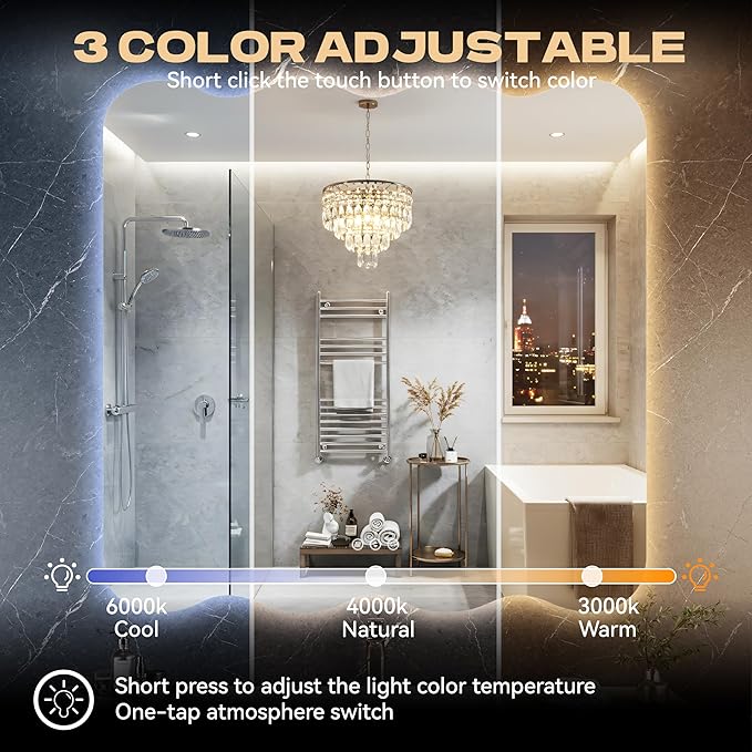 Hasipu Wavy Full Length Mirror with Lights - 36"×36" LED Wavy Floor Mirror, Frameless, Dimmable, Standing or Vertical/Horizontal Wall-Mounted Mirror for Bedroom, Living Room, Cloakroom